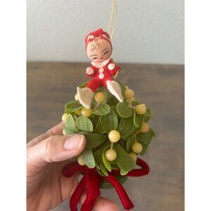 Vintage Pixie Elf On Plastic Mistletoe Velvet Bow Christmas Decoration